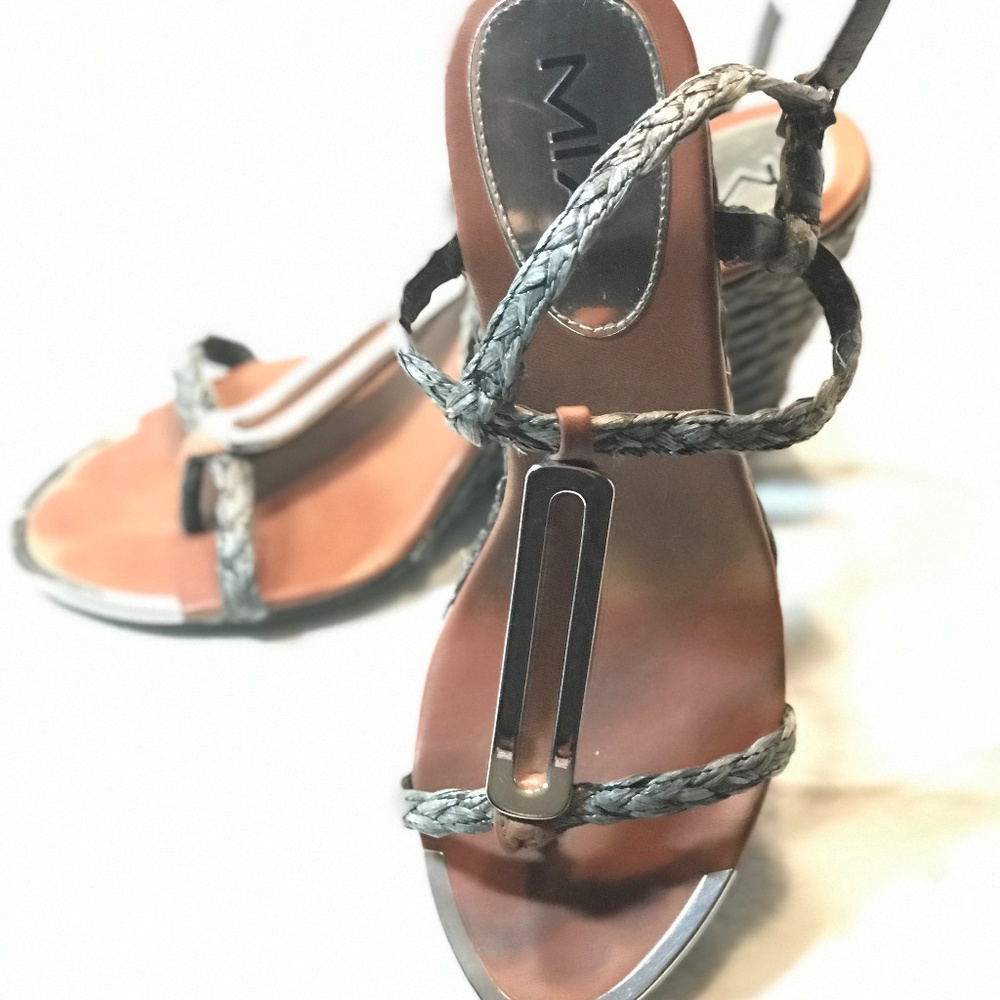 MIA,  Pewter and Silver Wedge Sandals, Size 10